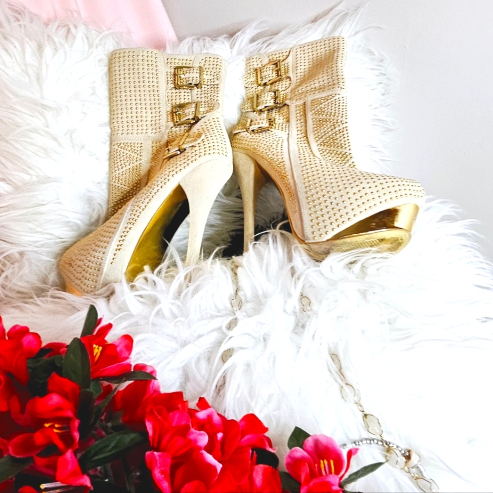Golden Studded Platform Mid-Calf Boots, Leather and Suede, S 7…